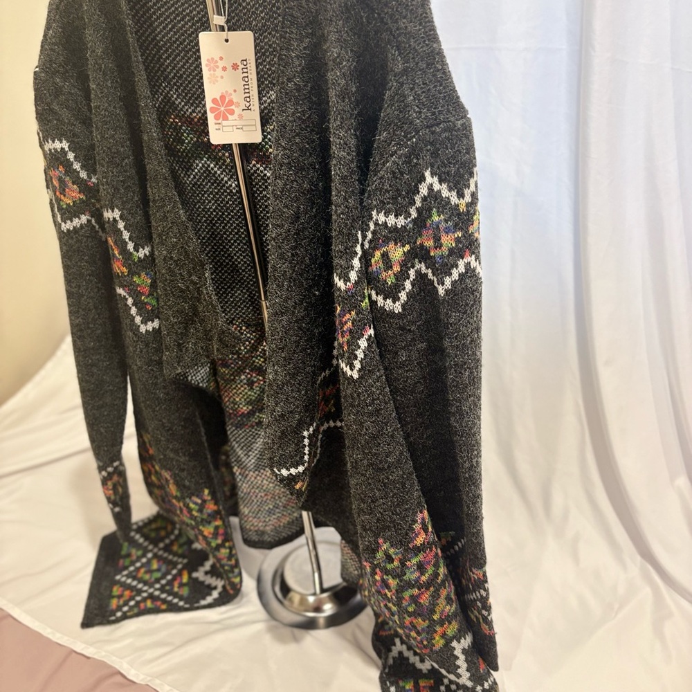 Kamana Charcoal Open-Front Knit Cardigan with Multicolor Fair Isle Detail